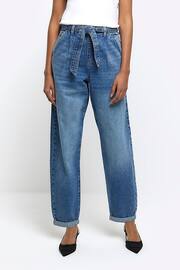 River Island Blue High Rise Relaxed Pleated Barrel Belted Jeans - Image 1 of 6