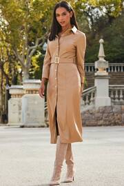 Sosandar Beige Faux Fur Leather Longline Shirt Dress - Image 1 of 5