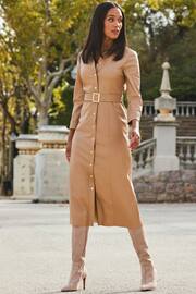 Sosandar Beige Faux Fur Leather Longline Shirt Dress - Image 3 of 5