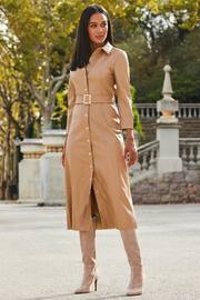 Sosandar Beige Faux Fur Leather Longline Shirt Dress - Image 4 of 5