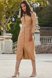 Sosandar Beige Faux Fur Leather Longline Shirt Dress - Image 5 of 5