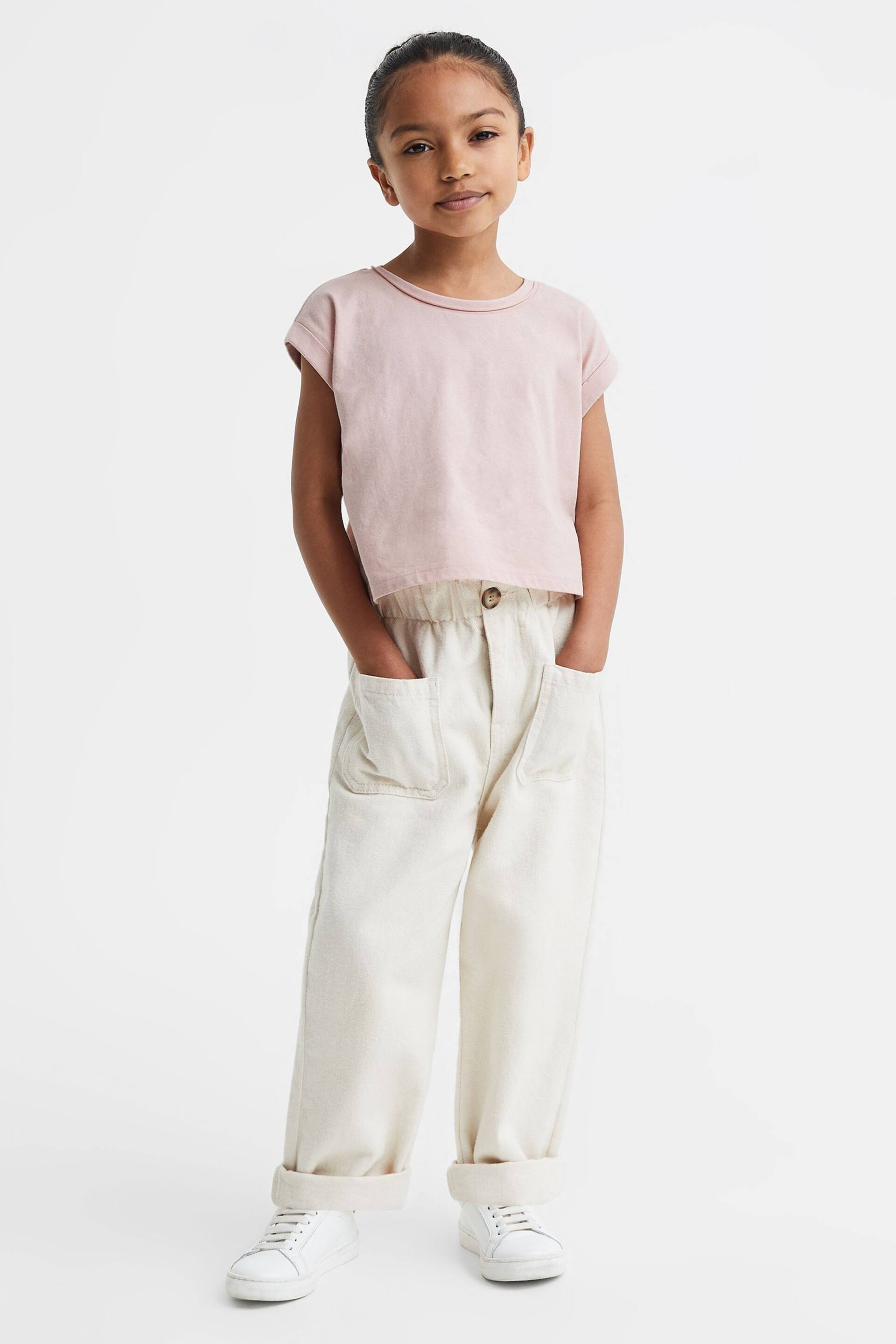 Reiss Pale Pink Terry Senior Cotton Crew Neck Crop Top - Image 1 of 6