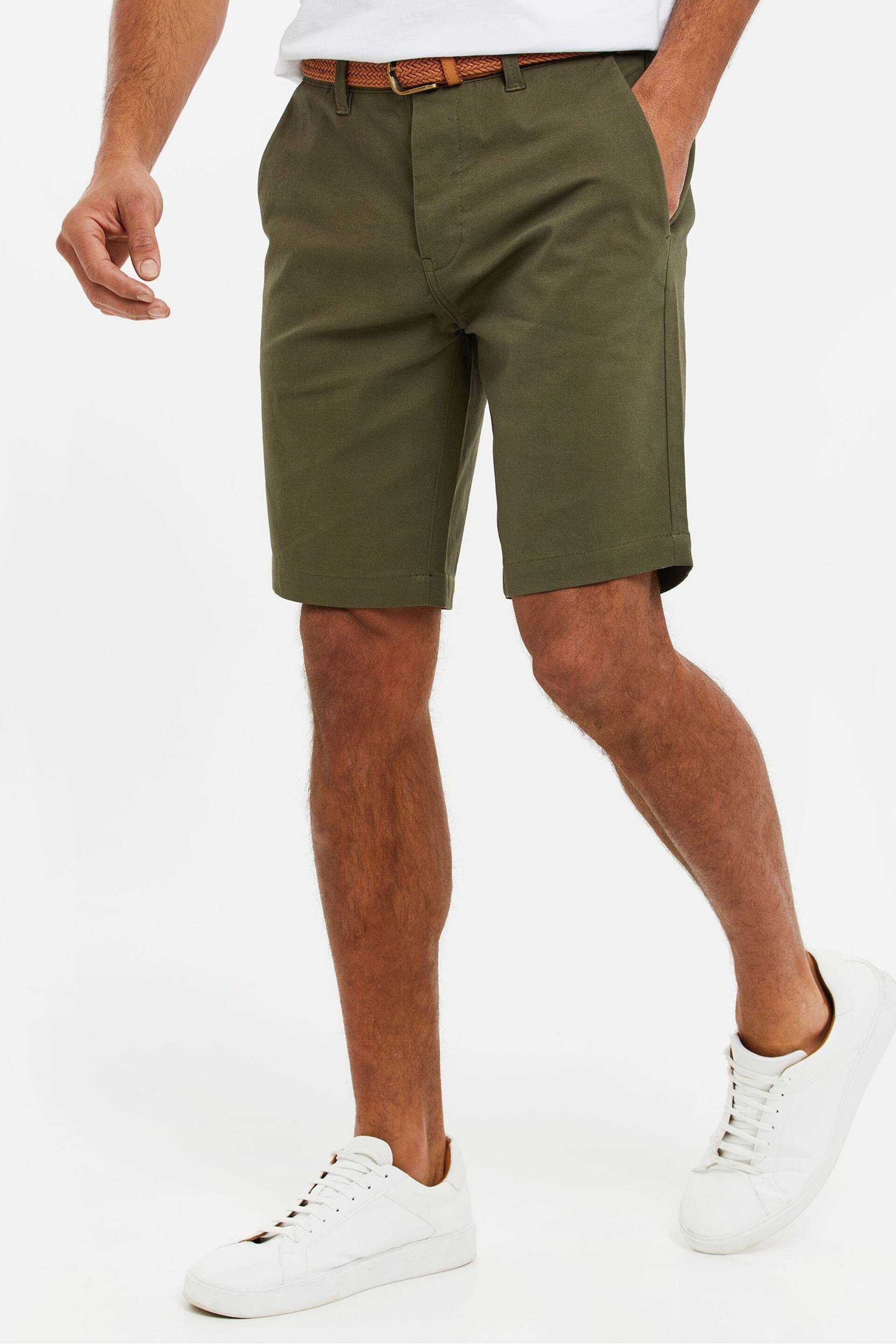 Threadbare Olive Green Cotton Stretch Turn-Up Chino Shorts with Woven Belt - Image 1 of 4