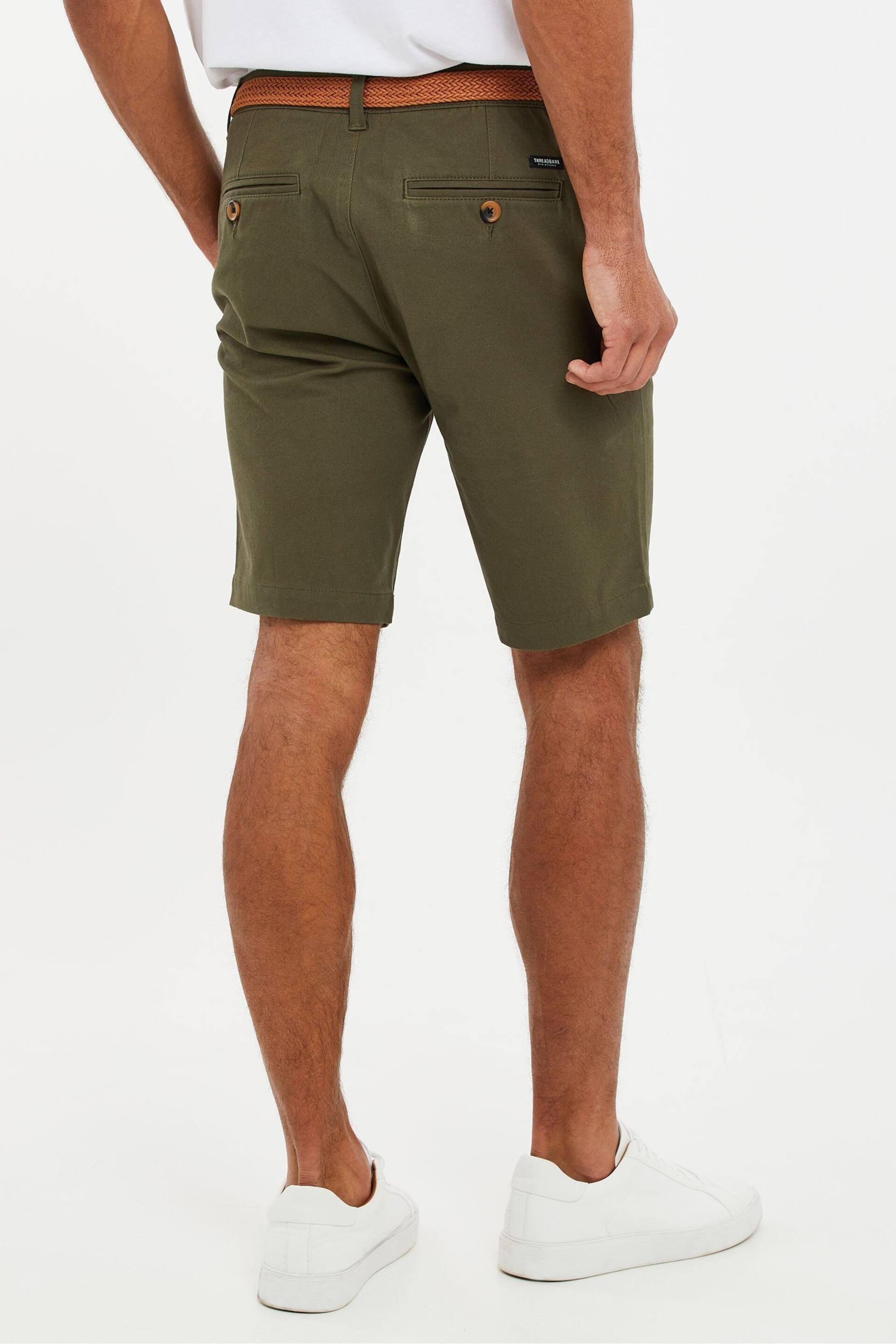 Threadbare Olive Green Cotton Stretch Turn-Up Chino Shorts with Woven Belt - Image 2 of 4