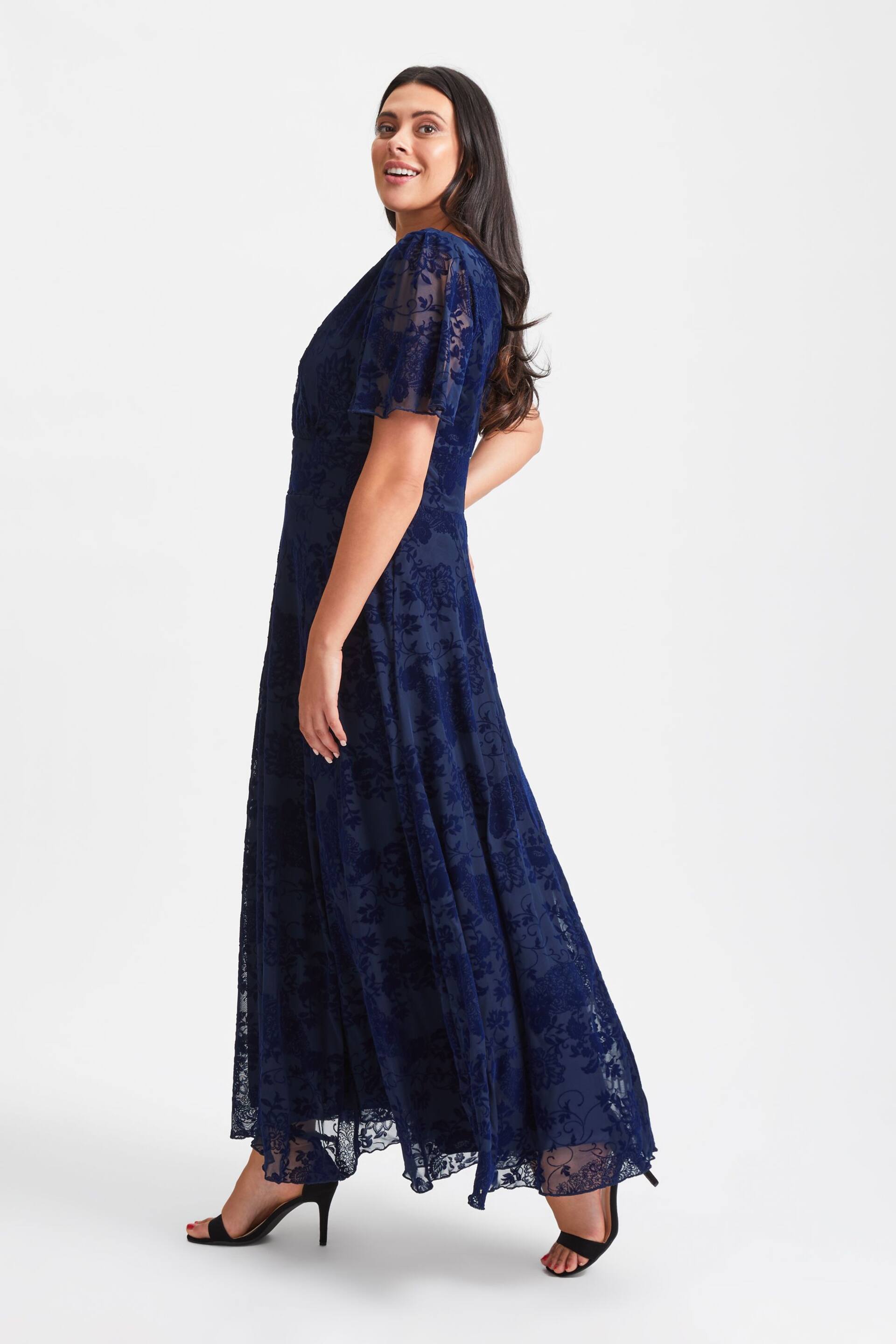 Scarlett & Jo Blue Isabelle Velvet Flock Angel Sleeve Maxi Dress - Image 3 of 8