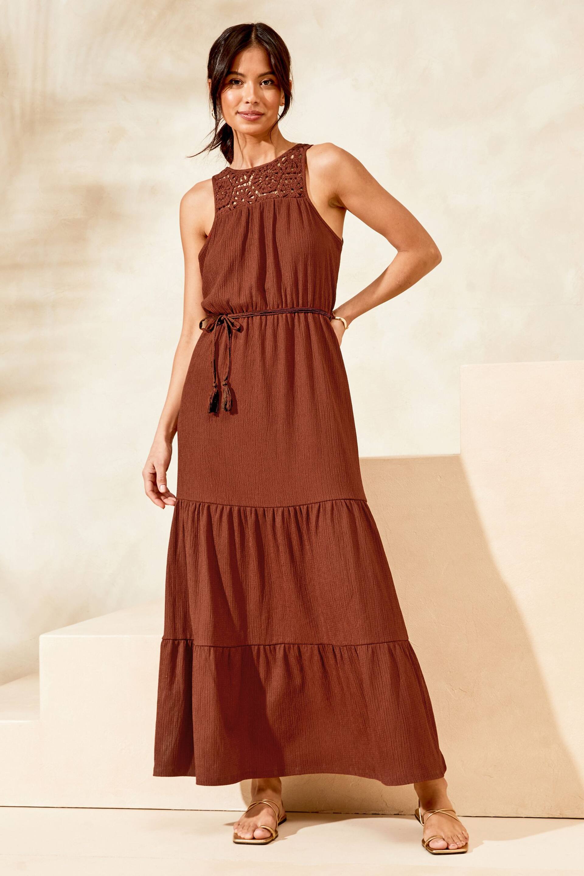 Lipsy Brown Petite Crochet Hybrid Racer Tiered Holiday Summer Cover Up Dress - Image 1 of 4