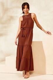 Lipsy Brown Petite Crochet Hybrid Racer Tiered Holiday Summer Cover Up Dress - Image 3 of 4