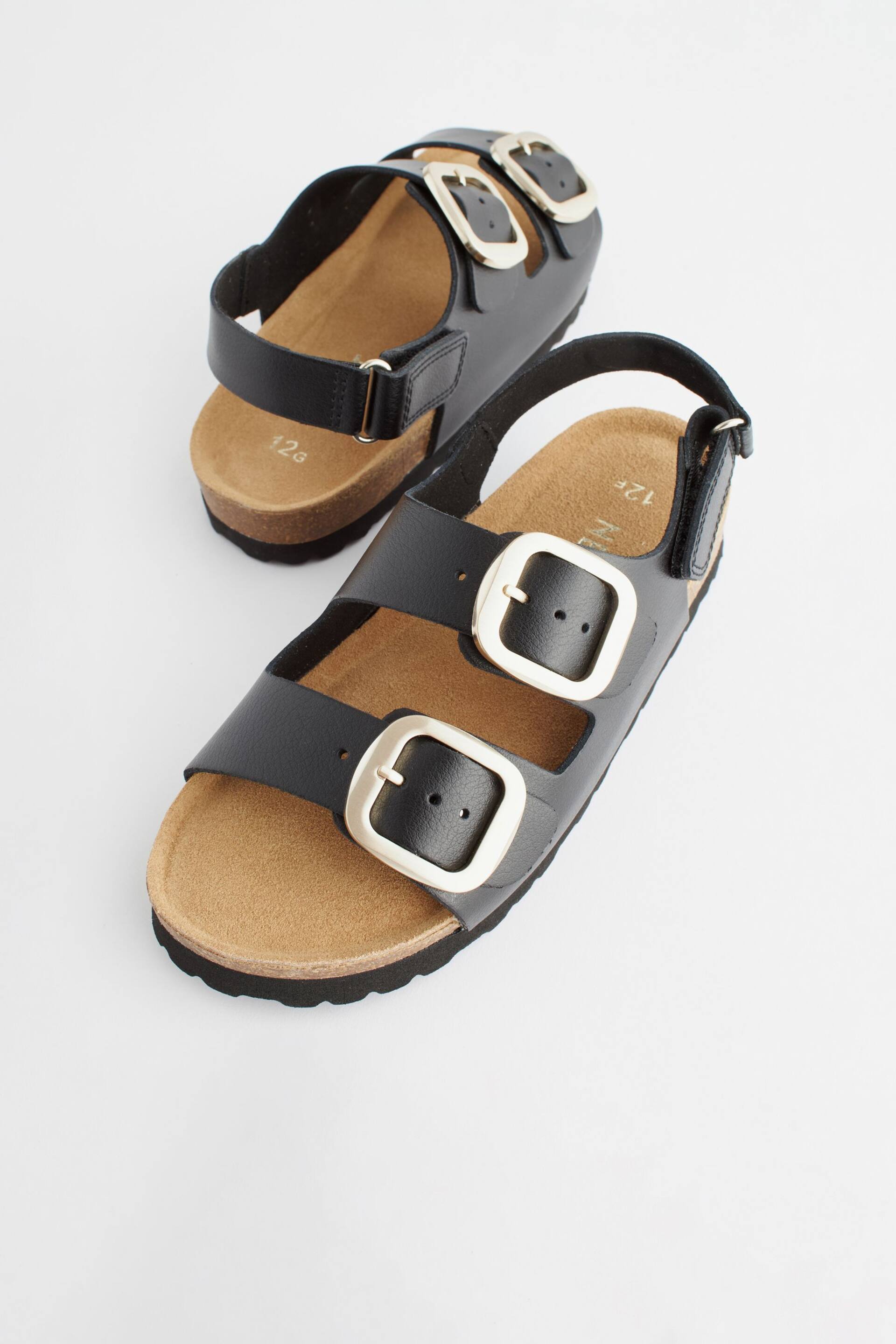 Black Leather Wide Fit (G) Two Strap Corkbed Sandals - Image 6 of 8