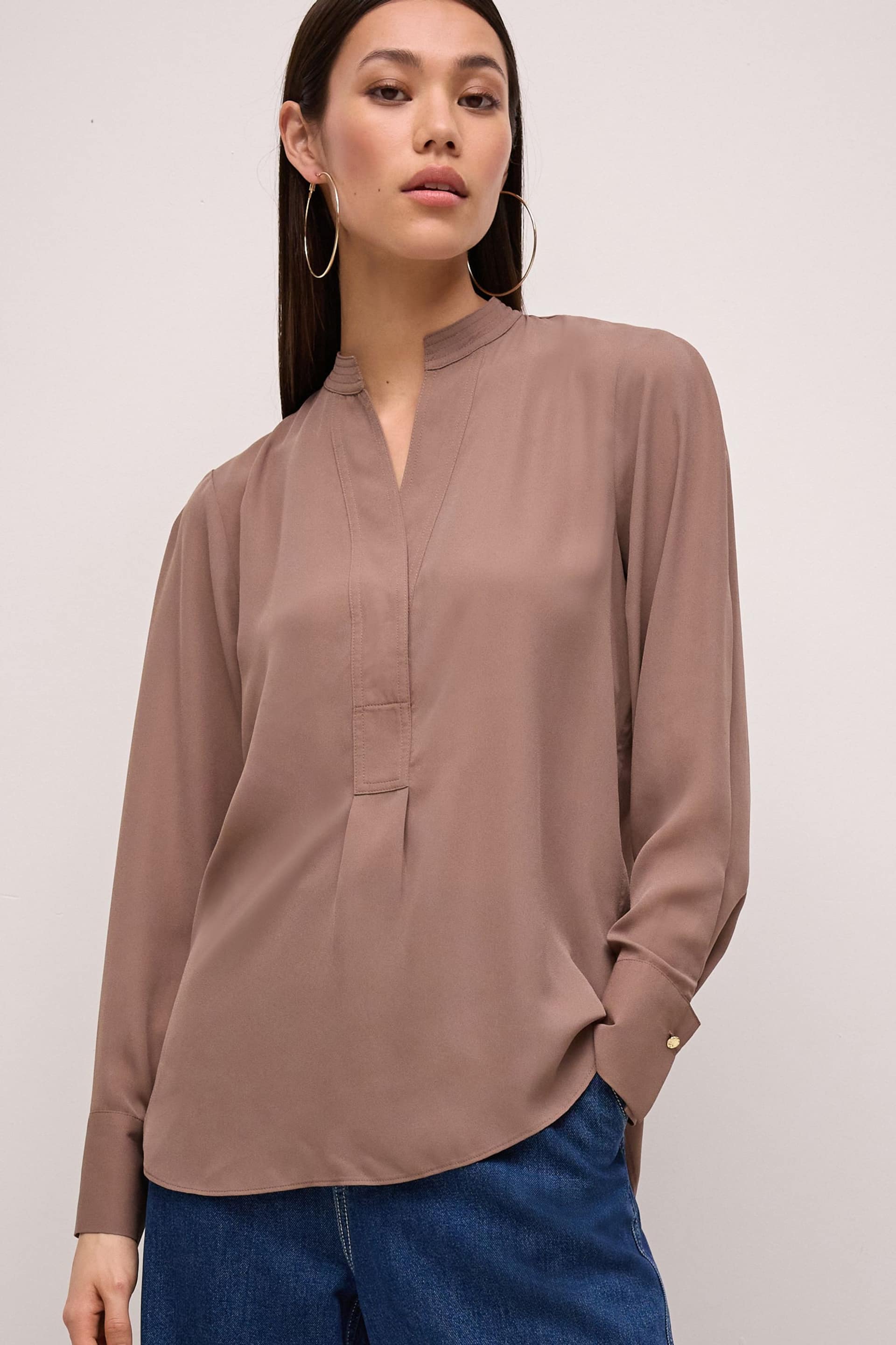 Taupe Long Sleeve Overhead V-Neck Relaxed Fit Blouse - Image 1 of 6