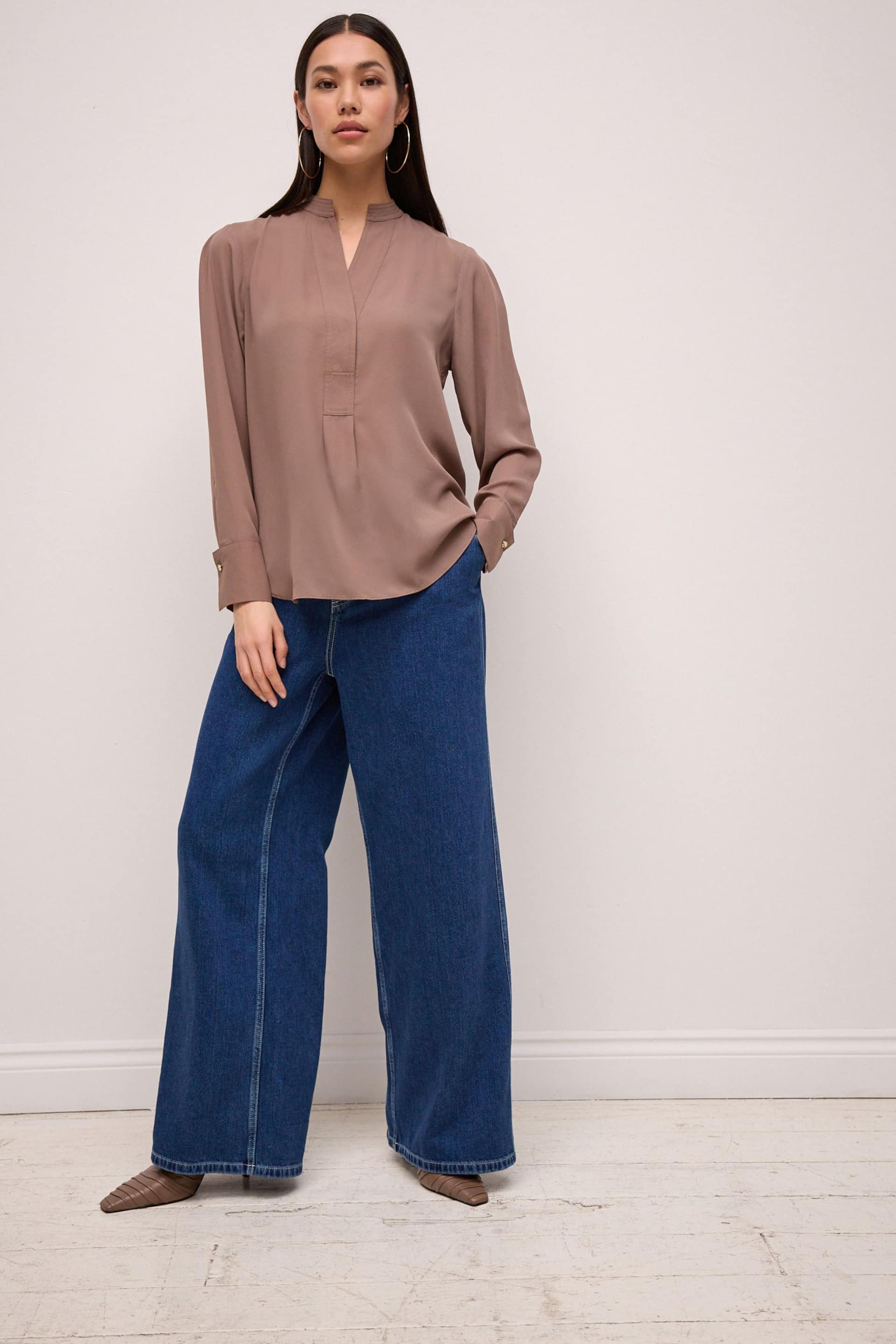 Taupe Long Sleeve Overhead V-Neck Relaxed Fit Blouse - Image 2 of 6