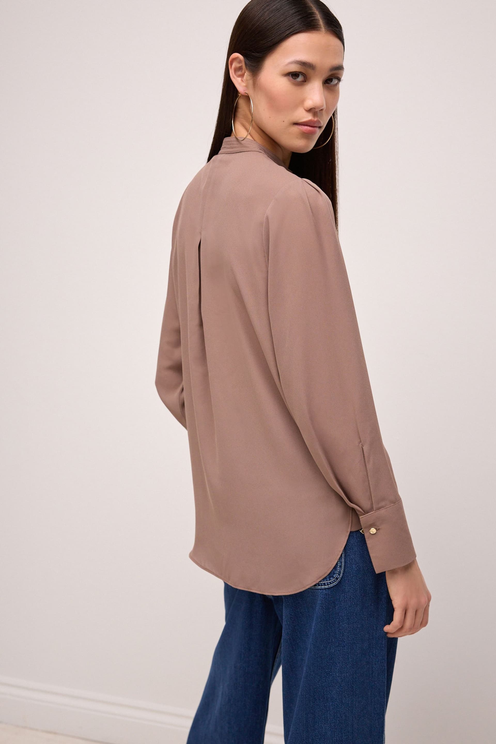 Taupe Long Sleeve Overhead V-Neck Relaxed Fit Blouse - Image 3 of 6