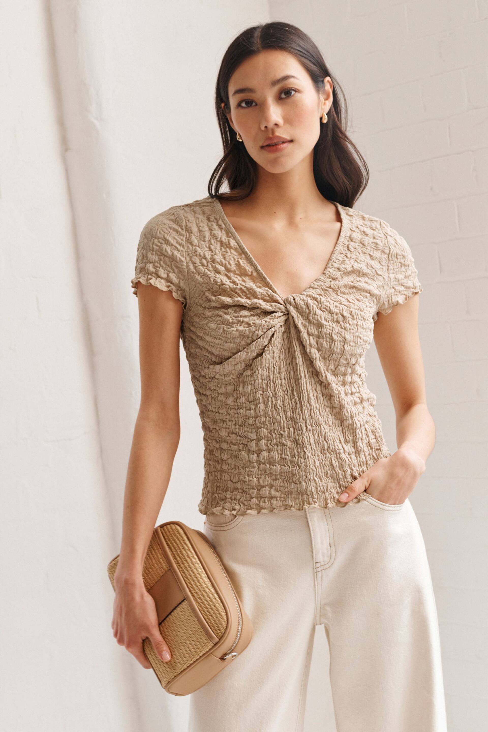 Neutral Textured Twist Front Short Sleeve Top - Image 2 of 7