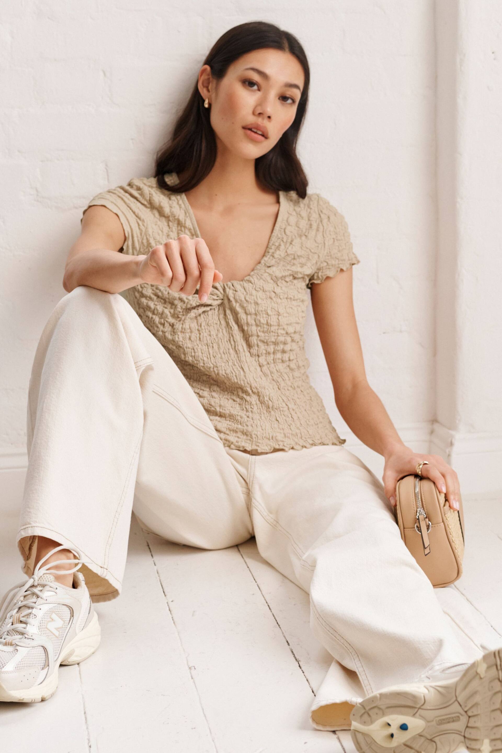 Neutral Textured Twist Front Short Sleeve Top - Image 3 of 7