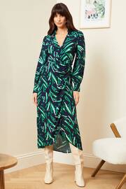 Love & Roses Blue Animal Collared Long Sleeve Wrap Midi Dress - Image 4 of 4