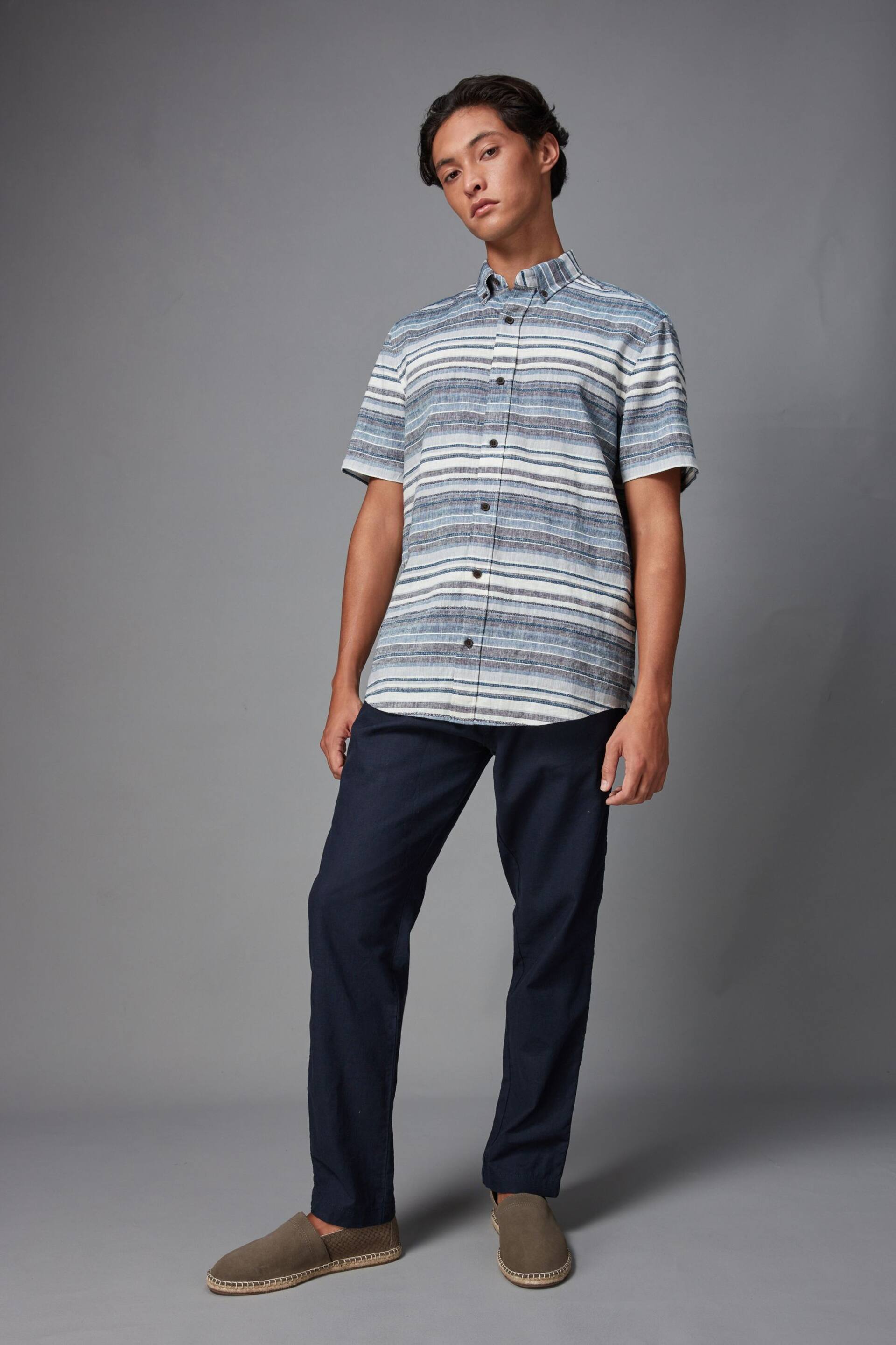 Blue Textured Stripe Short Sleeve Shirt - Image 2 of 7