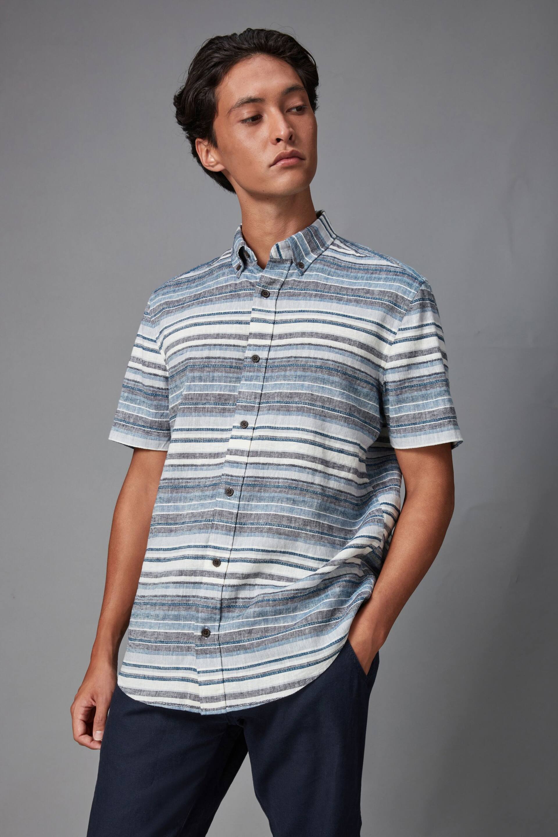 Blue Textured Stripe Short Sleeve Shirt - Image 3 of 7