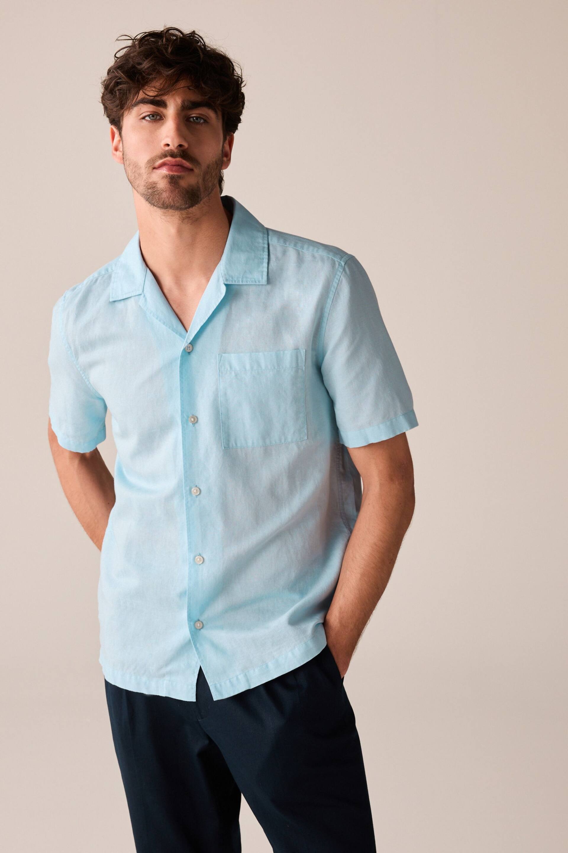 Blue Cuban Collar Linen Blend Short Sleeve Shirt - Image 1 of 7