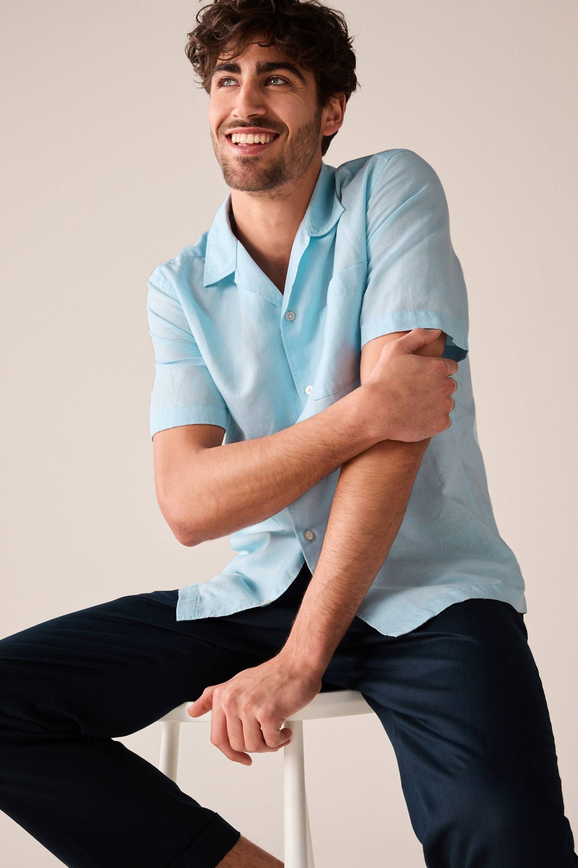 Blue Cuban Collar Linen Blend Short Sleeve Shirt - Image 2 of 7