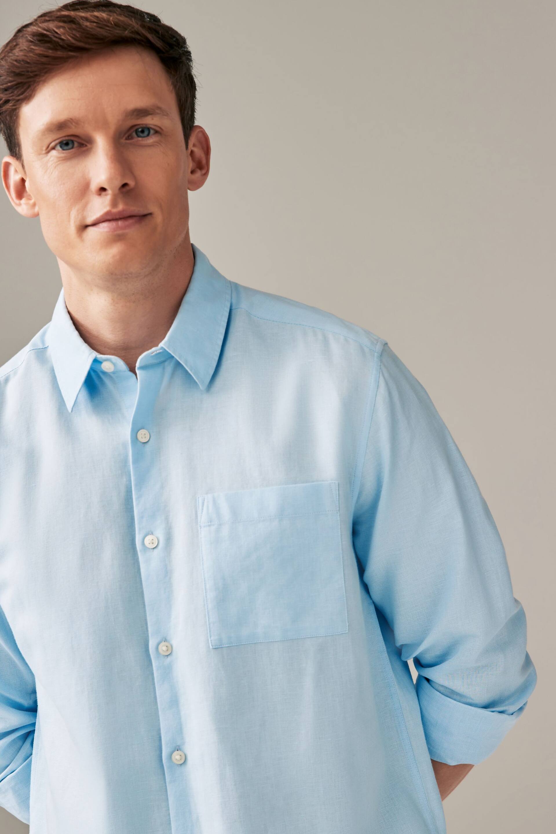 Light Blue Linen Blend Long Sleeve Shirt - Image 5 of 8