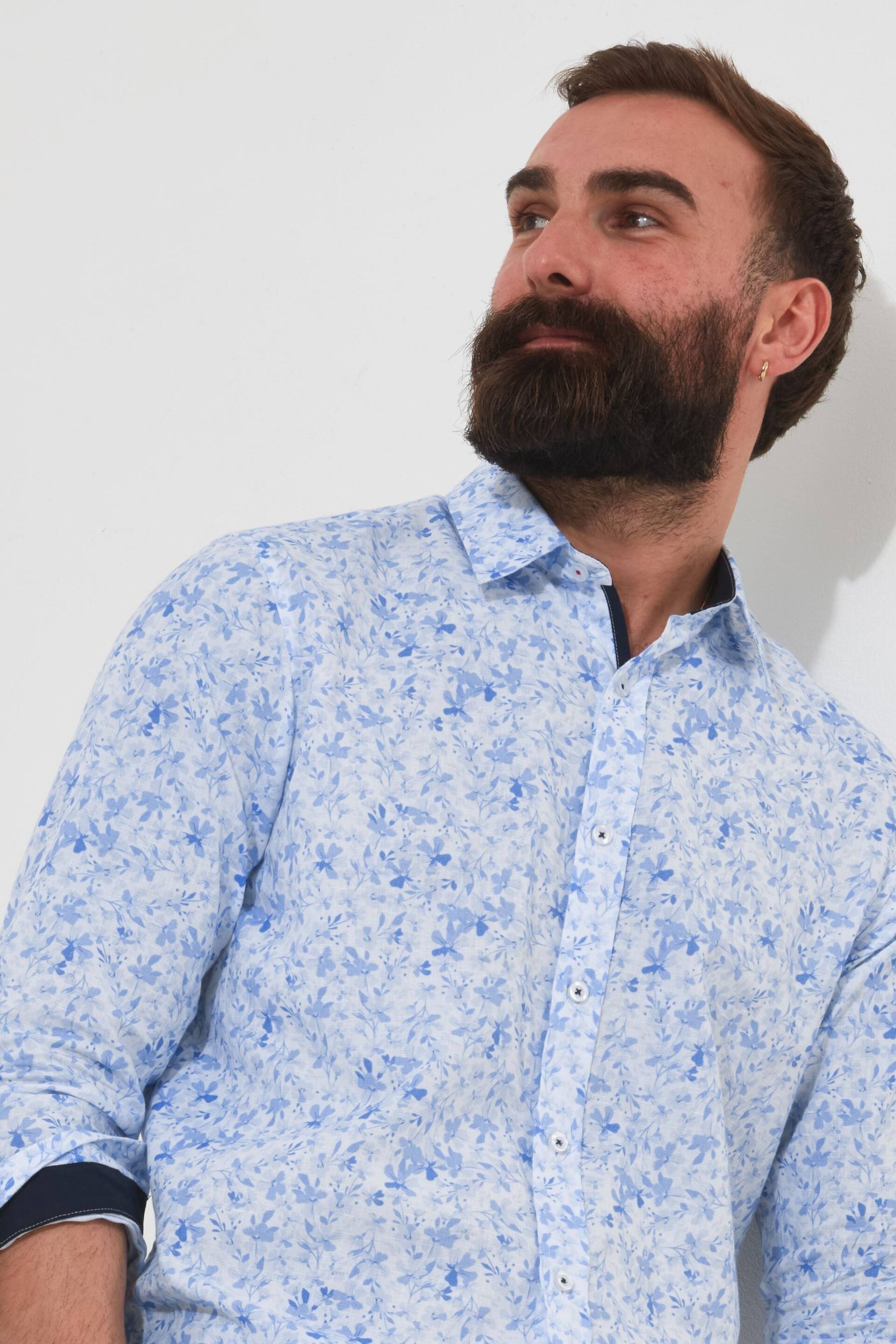 Joe Browns Blue Tonal Floral Linen Blend Long Sleeve Classic Collared Shirt - Image 4 of 5