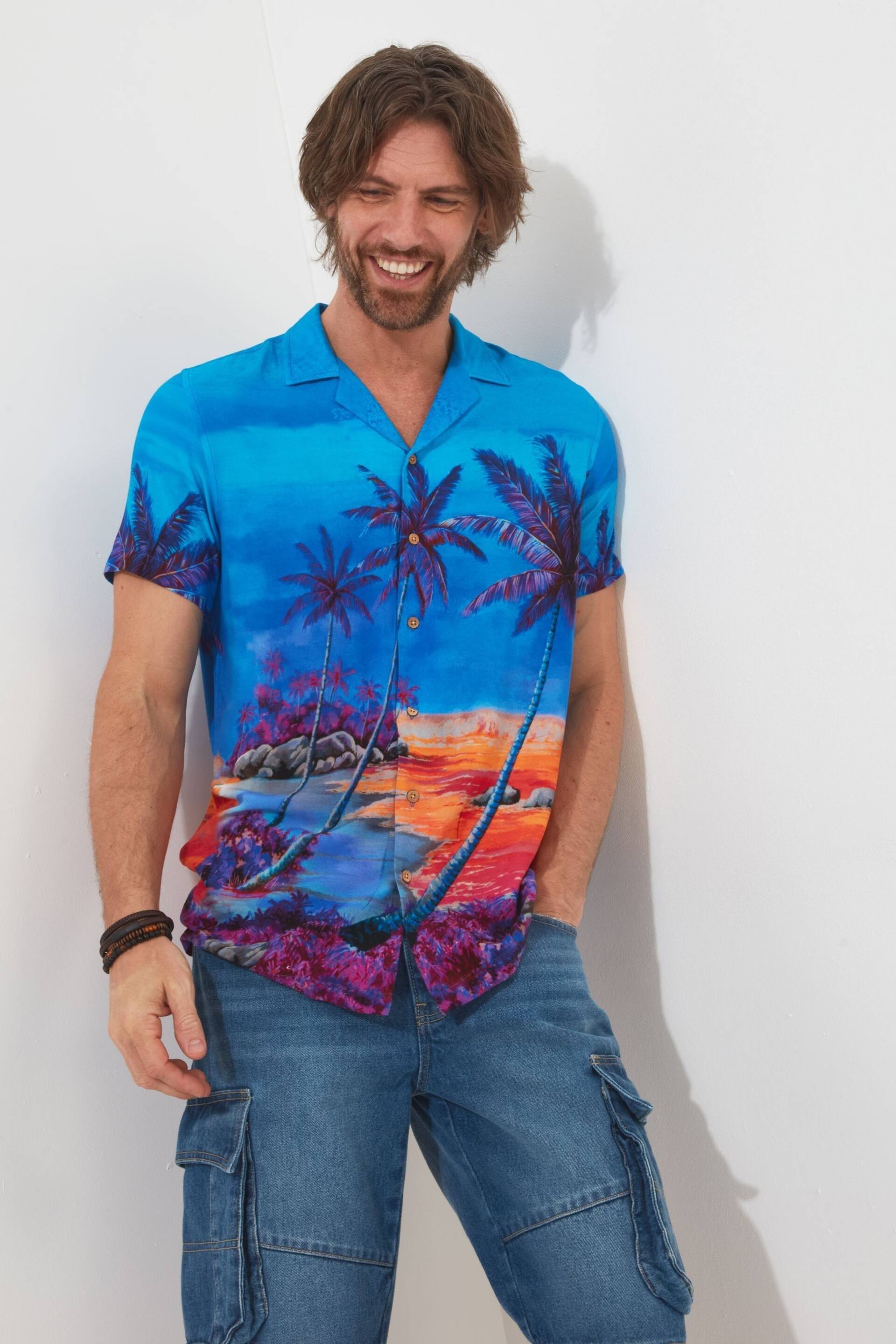 Joe Browns Blue Hawaiian Palm Sunset Short Sleeve Open Flat Collar Shirt - Image 1 of 5