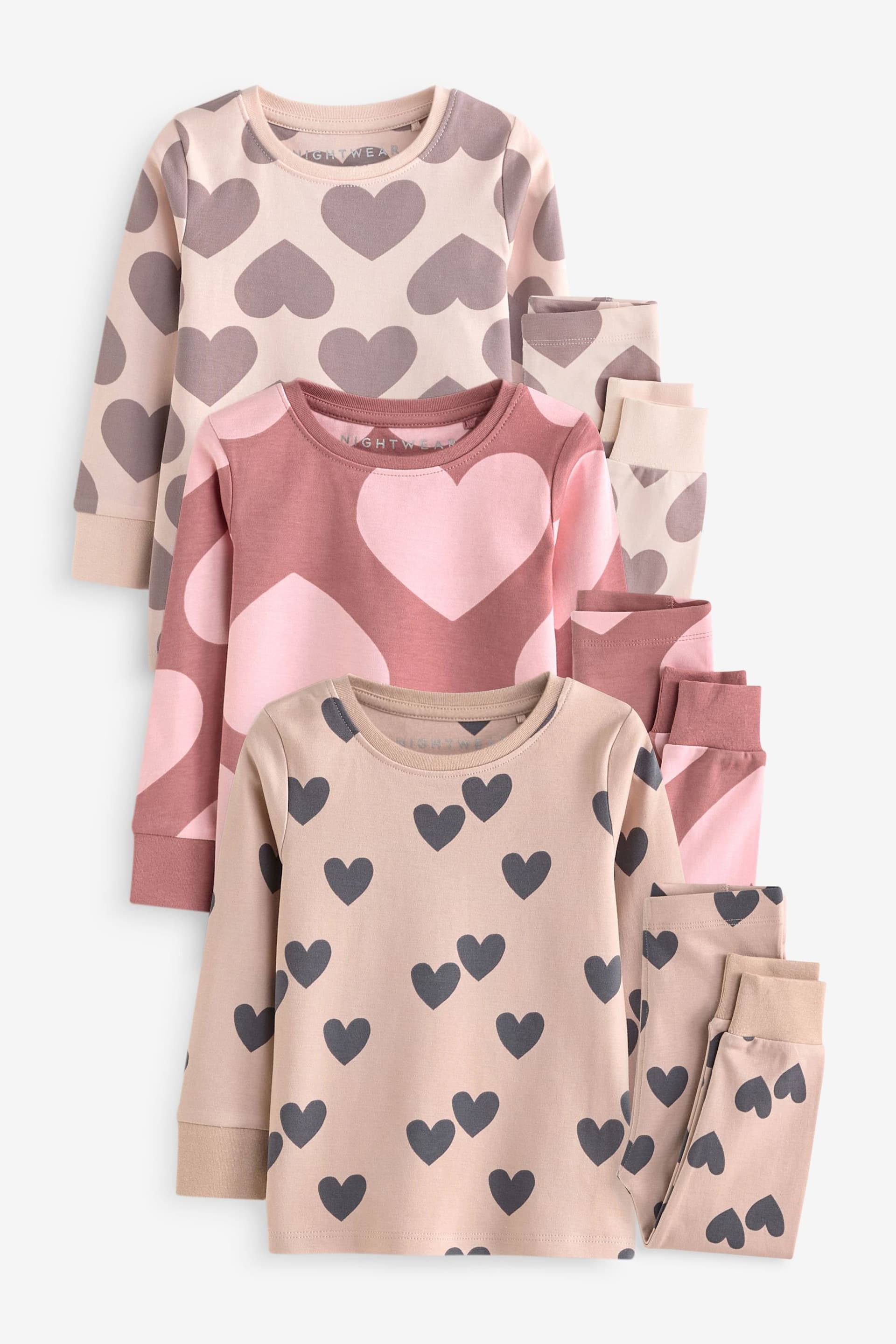 Neutral/ Pink Heart Stampy Pyjamas 3 Pack (9mths-16yrs) - Image 5 of 13
