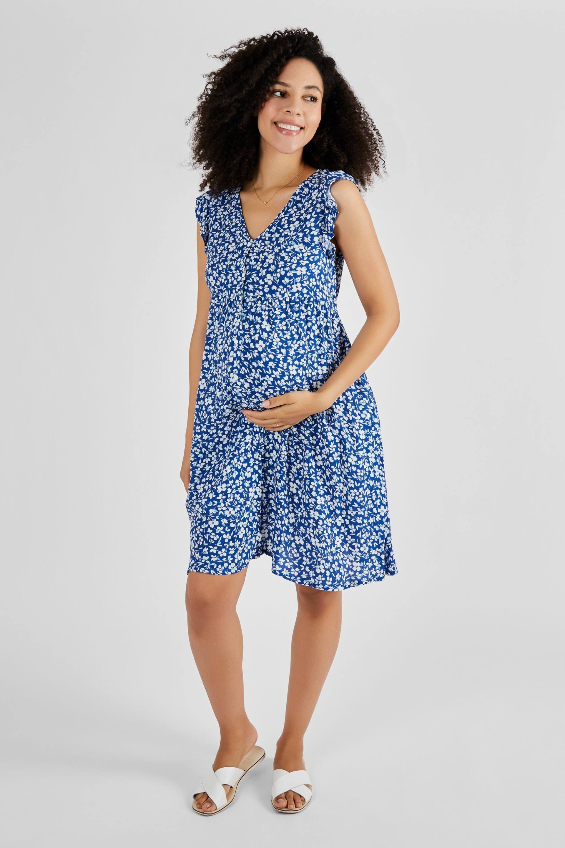 JoJo Maman Bébé Blue Frill Sleeve Maternity Dress - Image 1 of 5