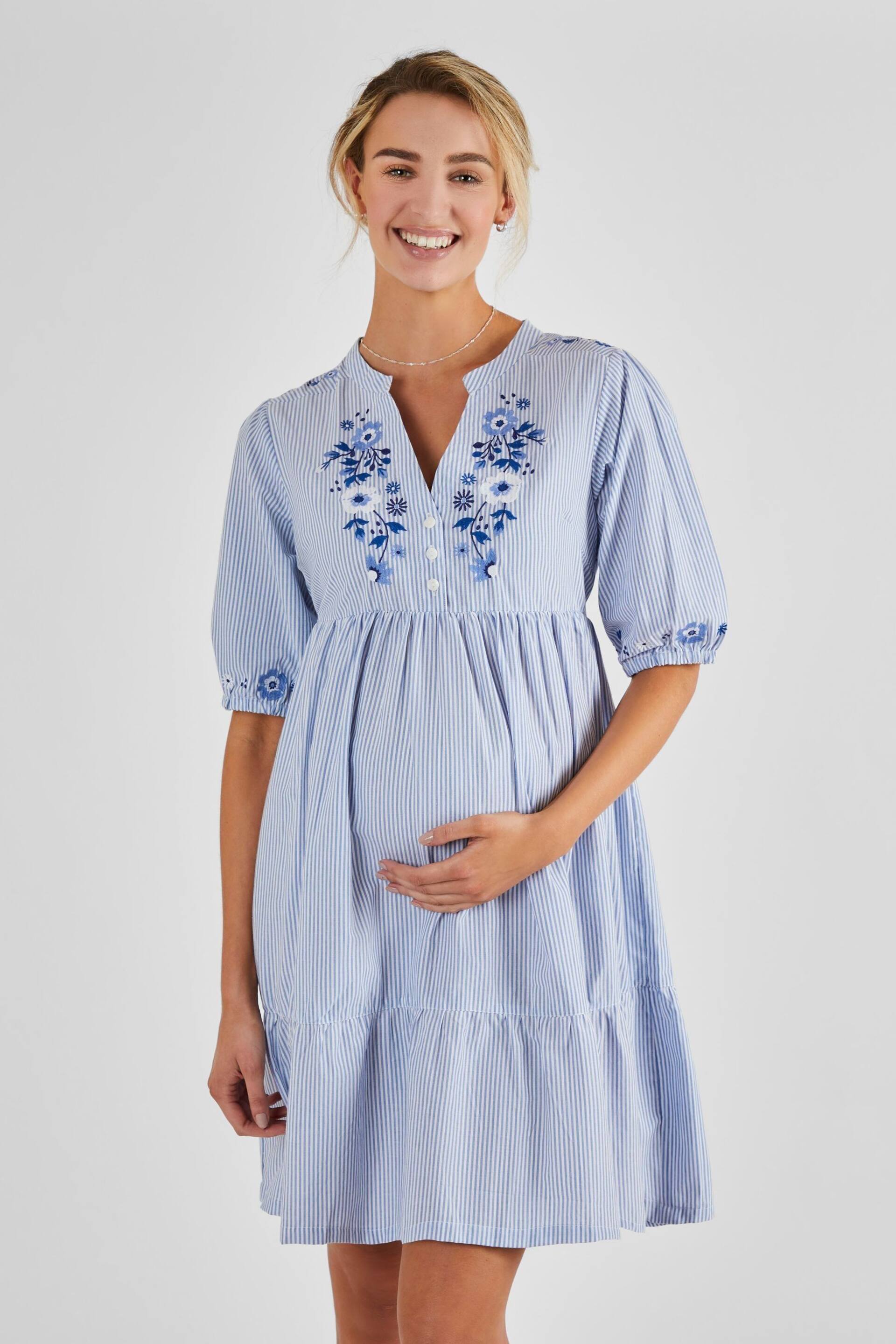 JoJo Maman Bébé Blue Tiered Embroidered Maternity Shirt Dress - Image 1 of 5