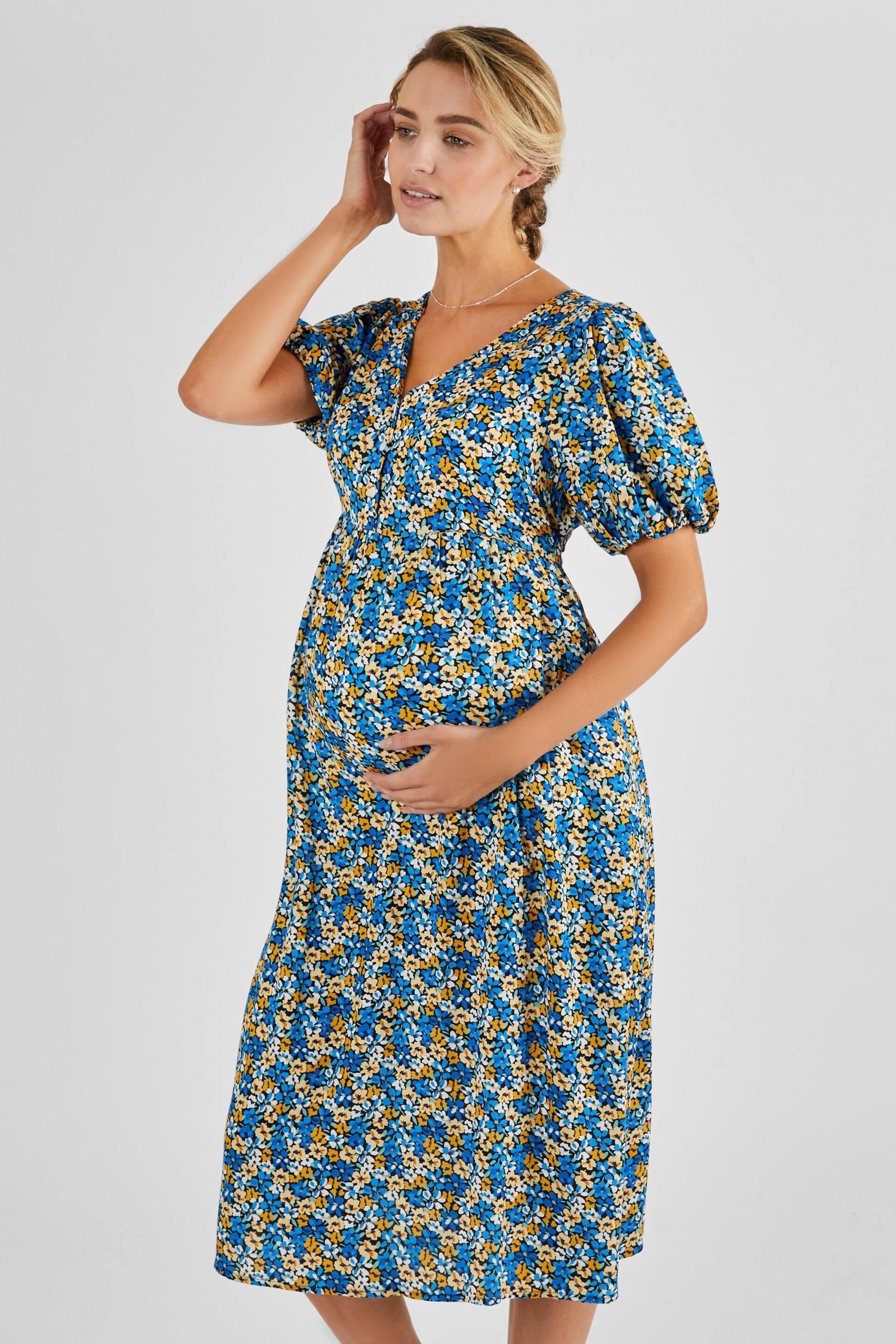 JoJo Maman Bébé Blue Yellow Floral Puff Sleeve Maternity Midi Dress - Image 3 of 5
