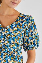 JoJo Maman Bébé Blue Yellow Floral Puff Sleeve Maternity Midi Dress - Image 4 of 5