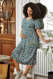 JoJo Maman Bébé Blue Yellow Floral Puff Sleeve Maternity Midi Dress - Image 5 of 5