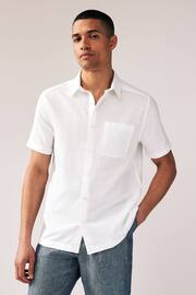 White Standard Collar Linen Blend Short Sleeve Shirt - Image 1 of 7
