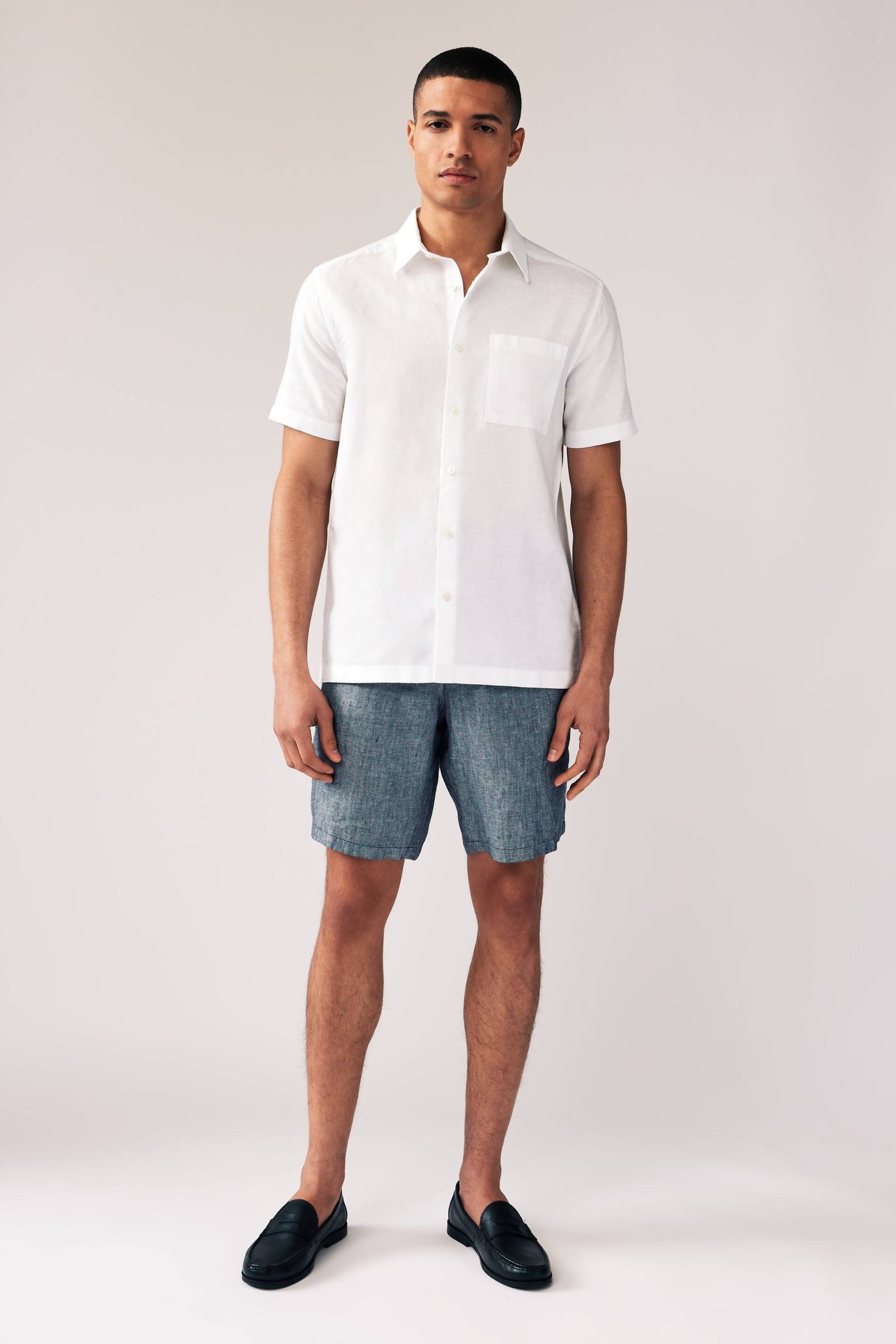 White Standard Collar Linen Blend Short Sleeve Shirt - Image 3 of 7