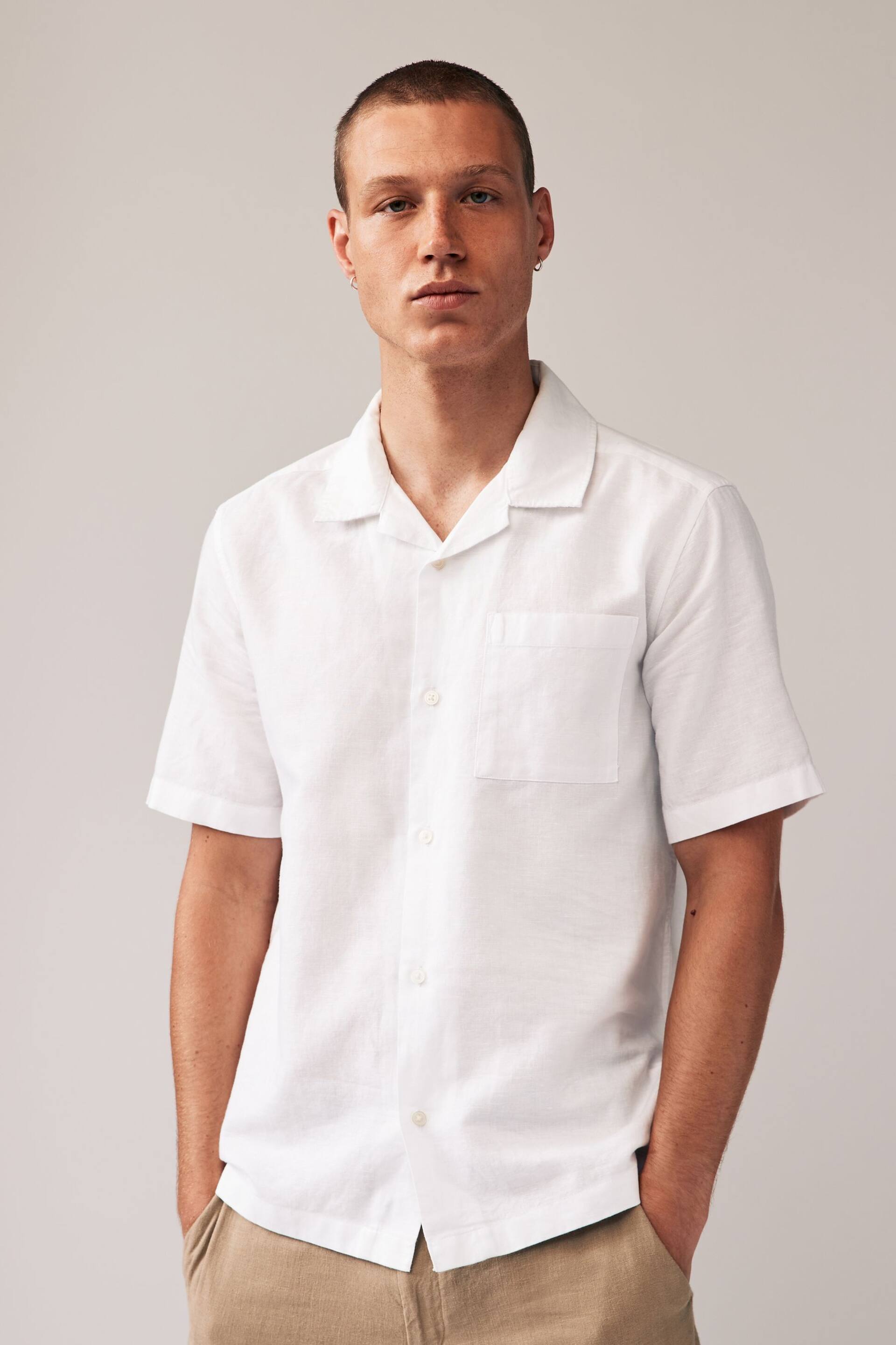 White Cuban Collar Linen Blend Short Sleeve Shirt - Image 1 of 7