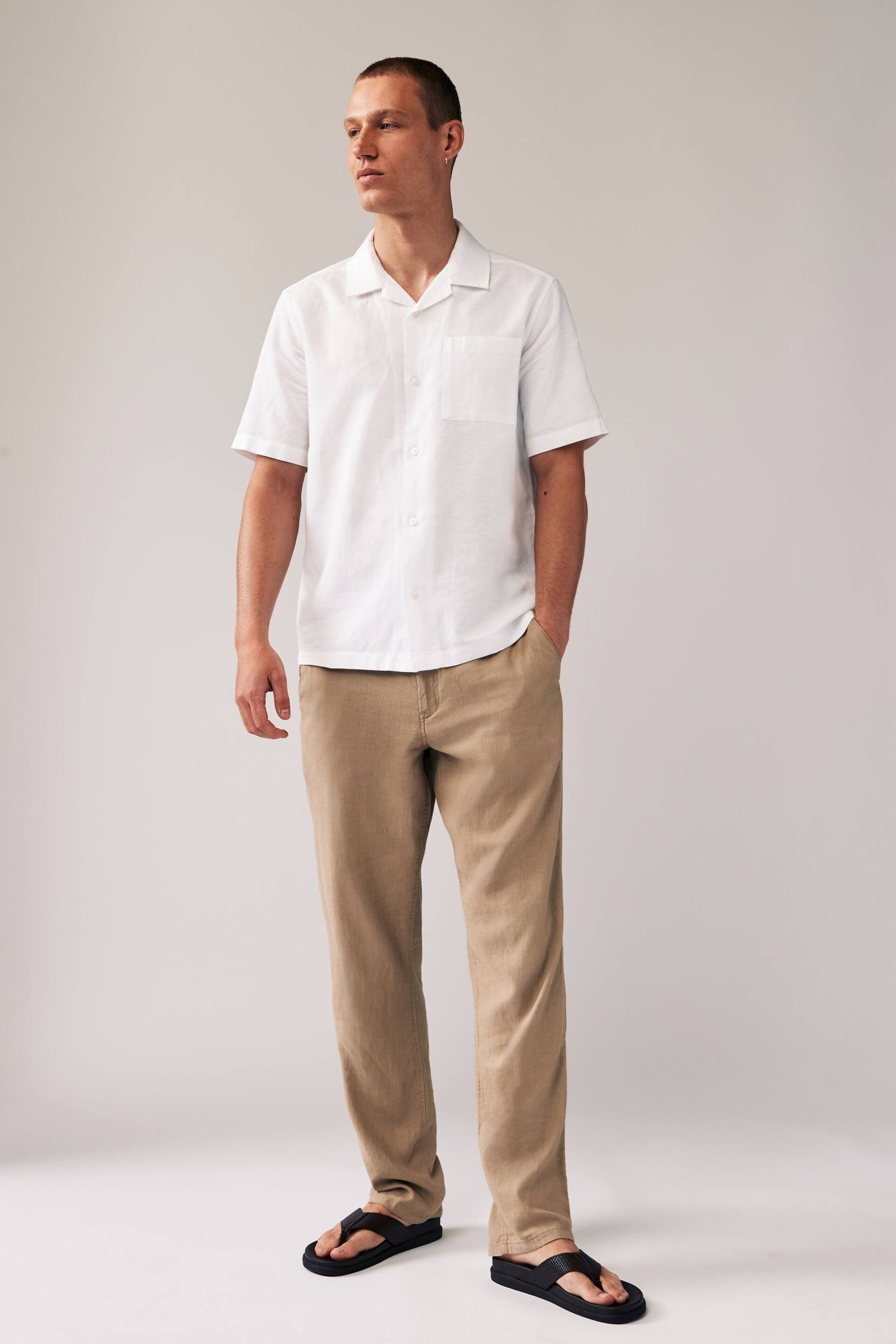 White Cuban Collar Linen Blend Short Sleeve Shirt - Image 2 of 7