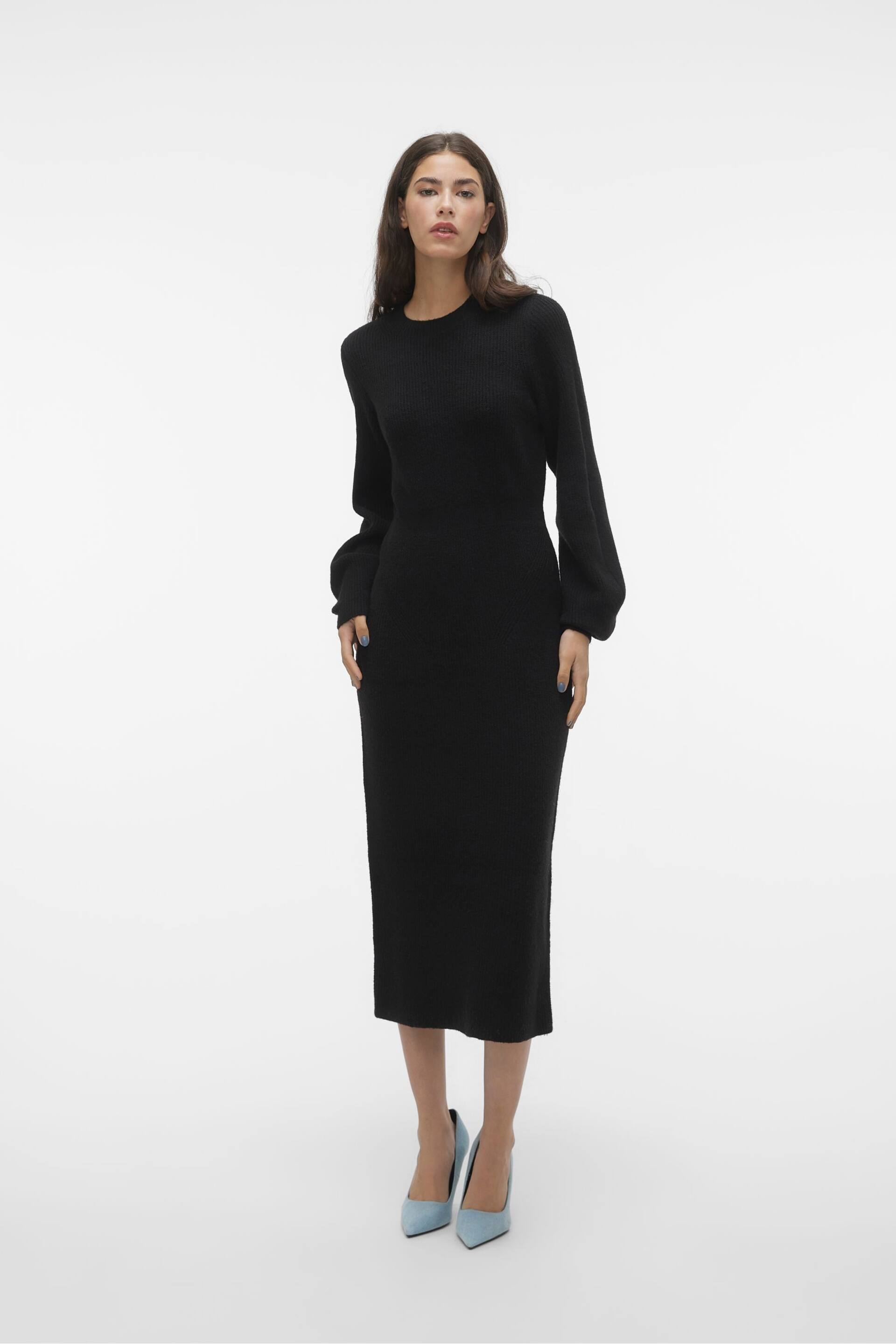 VERO MODA Black Waisted Long Sleeve Midi Knitted Jumper Dress - Image 3 of 5