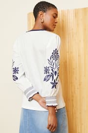 Love & Roses Ivory White And Navy Blue V Neck Embroidered Sleeve Jersey Top - Image 3 of 4