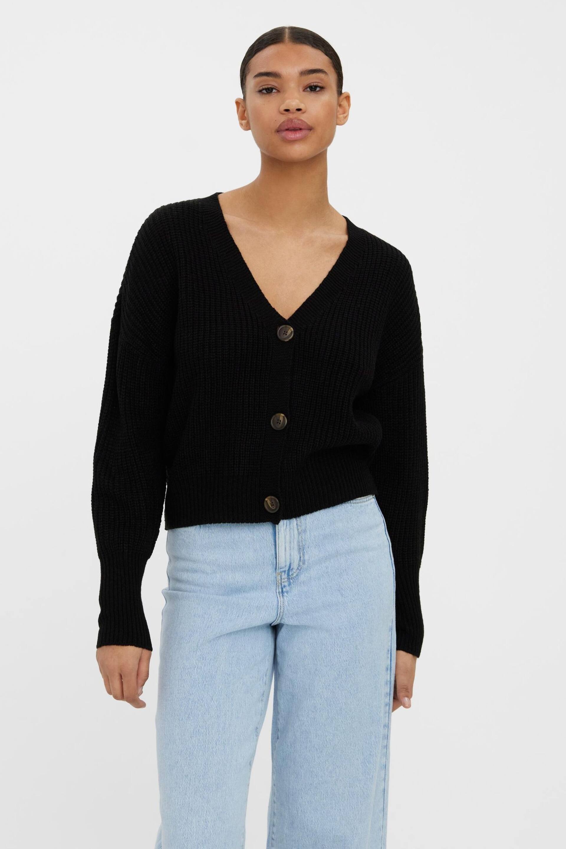 VERO MODA Black V-Neck Button Front Cardigan - Image 1 of 5