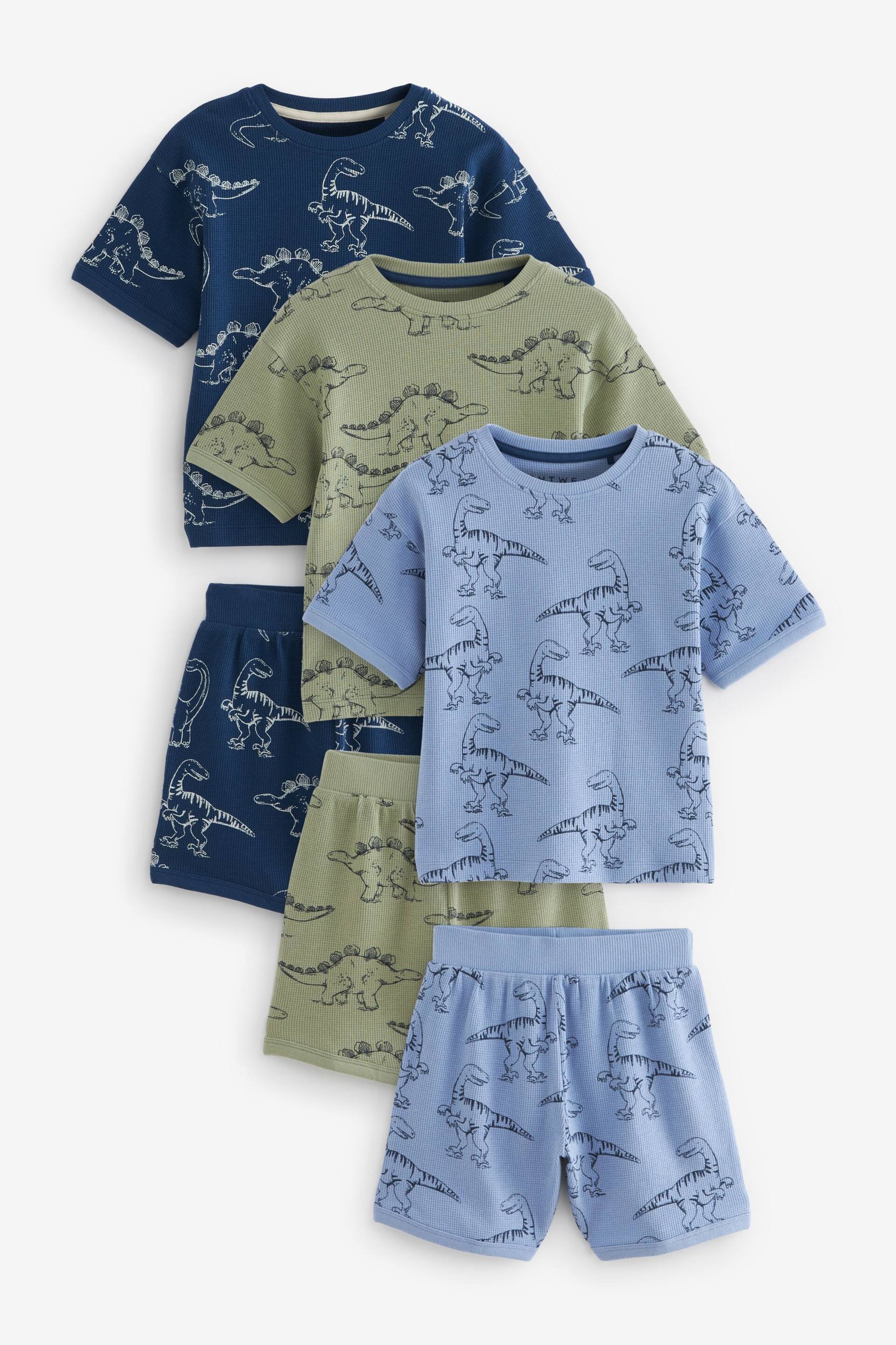 Blue/Green Waffle Dinosaur 3 Pack Short Pyjamas (9mths-10yrs) - Image 6 of 9