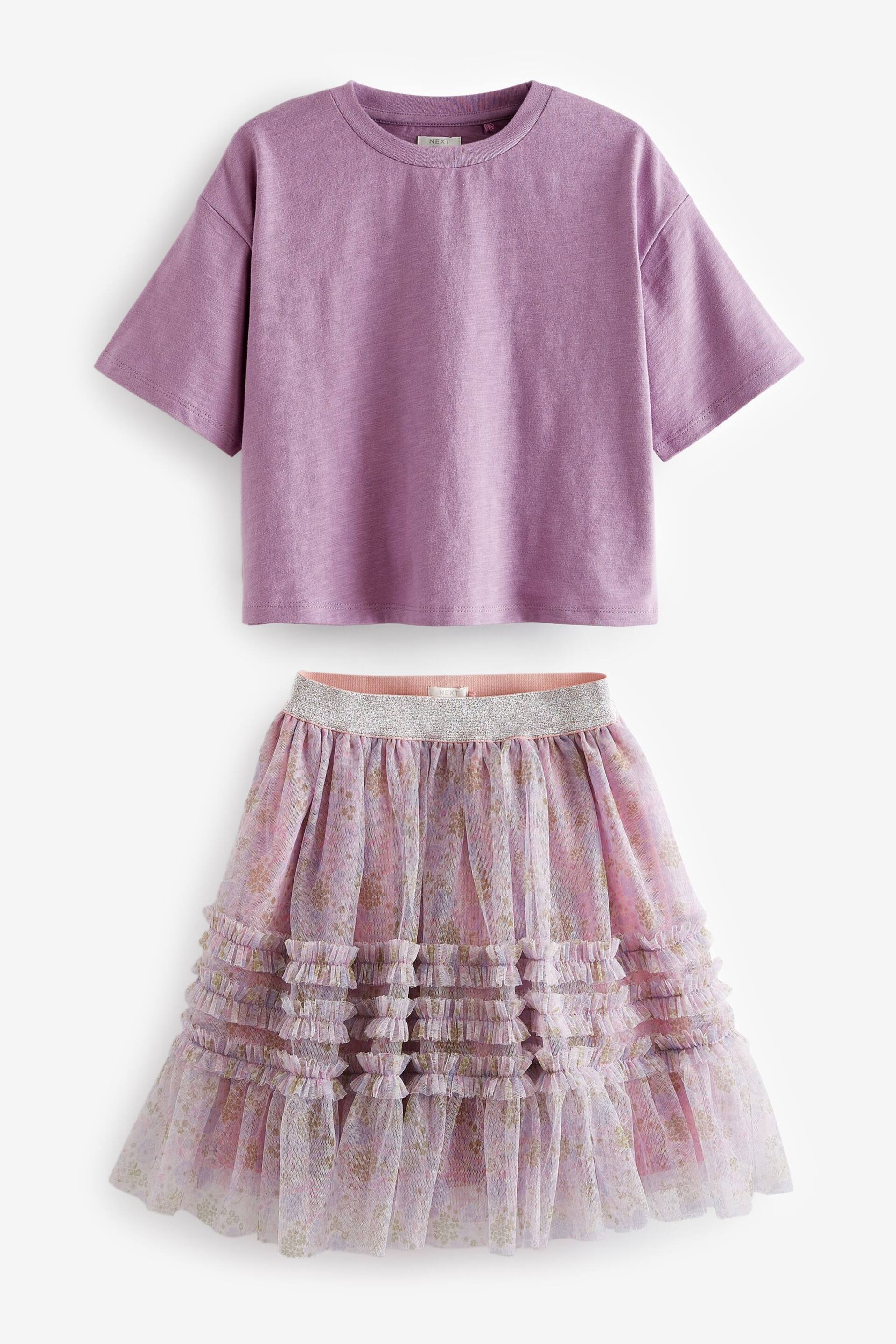 Mauve Purple T-Shirt And Floral Mesh Skirt Set (3-16yrs) - Image 5 of 7