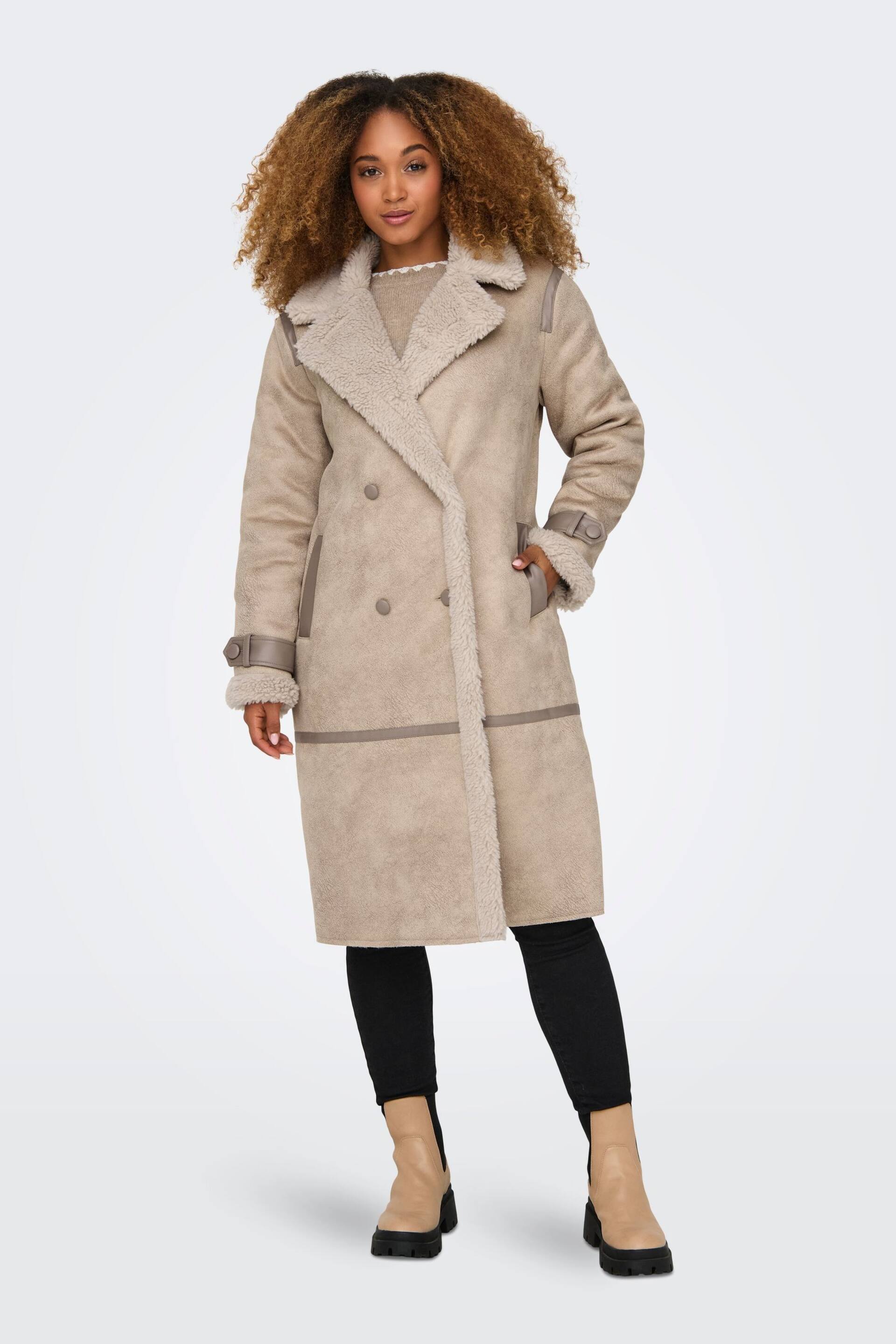 ONLY Cream Longline Cosy Teddy Button Up Aviator Coat - Image 1 of 5