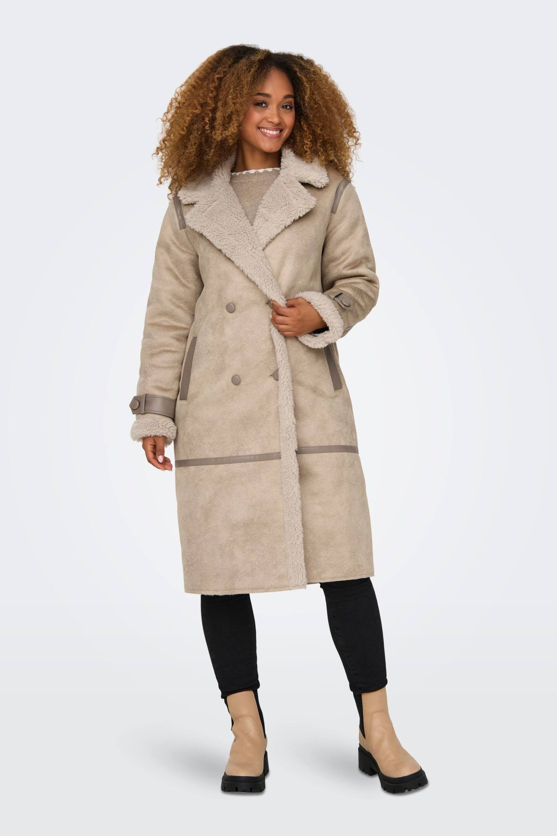 ONLY Cream Longline Cosy Teddy Button Up Aviator Coat - Image 3 of 5
