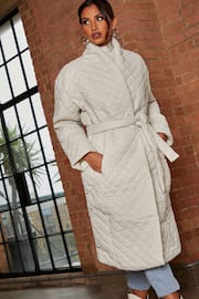 Chi Chi London Cream Diamond Quilted Longline Belted Coat - Image 2 of 4