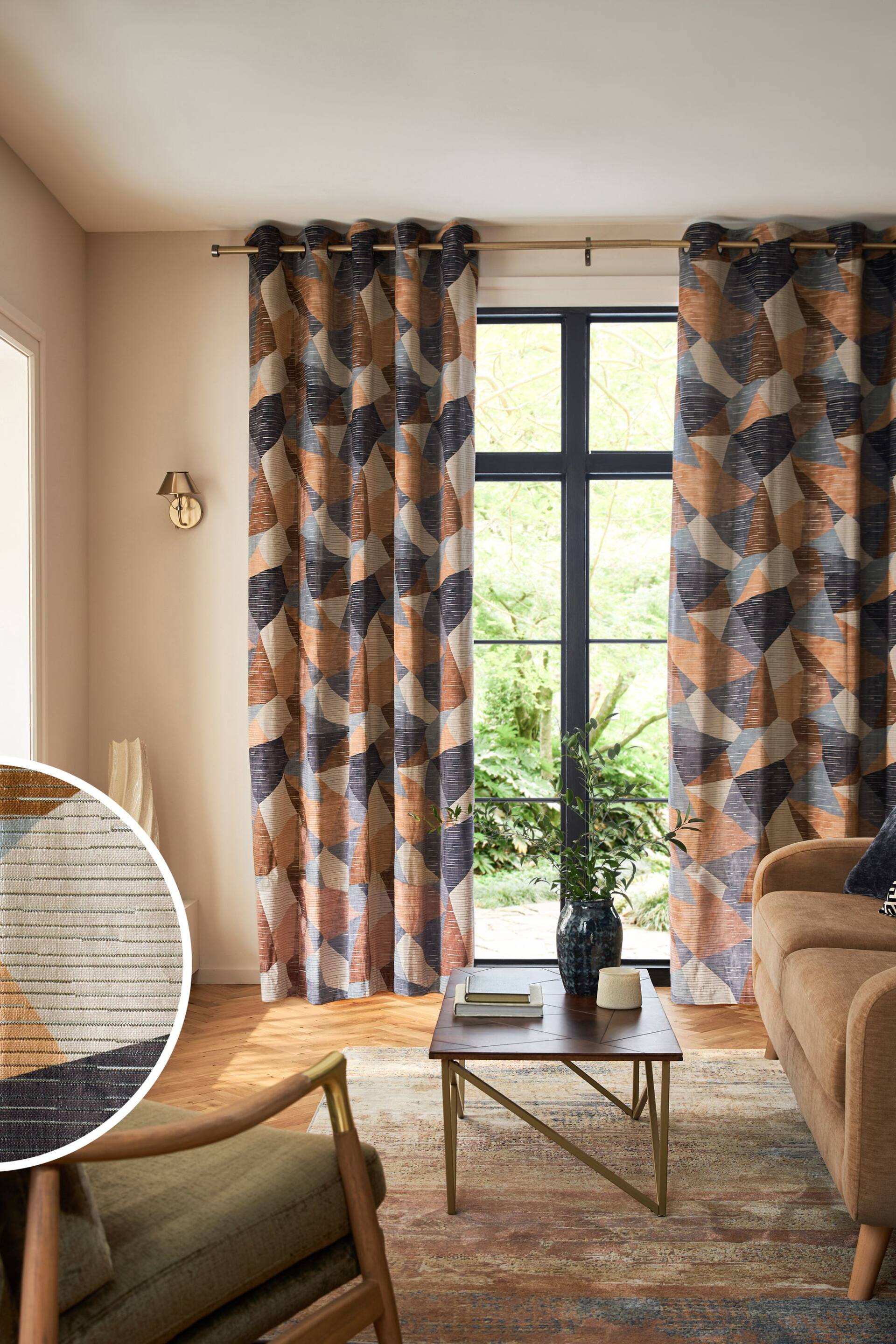 Blue/Orange Collection Luxe Heavyweight Cut Velvet Abstract Eyelet Lined Curtains - Image 1 of 5