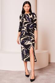 Lipsy Navy Blue Petite Ruched Side Long Sleeve Printed Midi Dress - Image 1 of 4