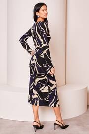 Lipsy Navy Blue Petite Ruched Side Long Sleeve Printed Midi Dress - Image 2 of 4
