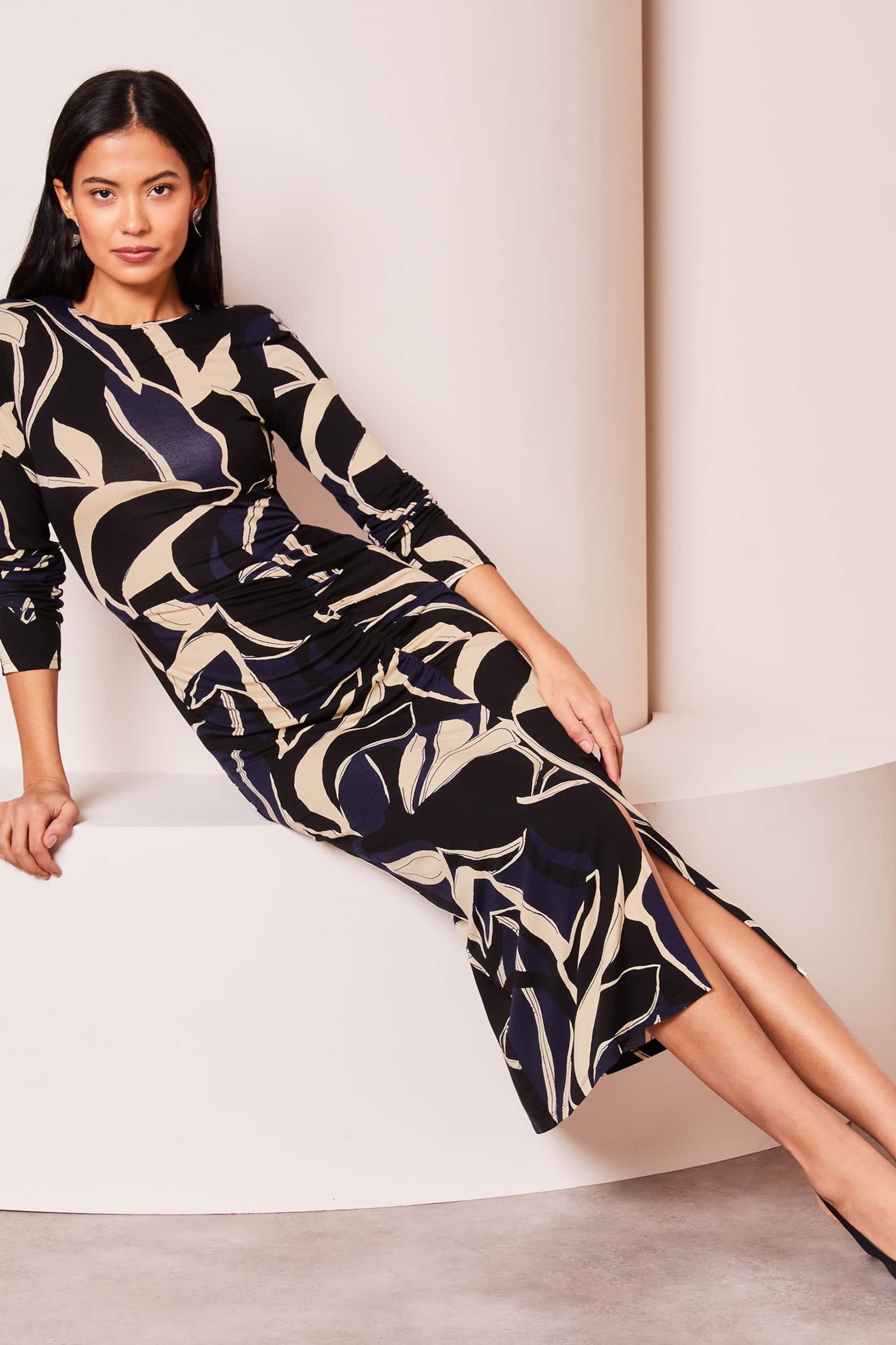 Lipsy Navy Blue Petite Ruched Side Long Sleeve Printed Midi Dress - Image 3 of 4