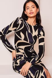 Lipsy Navy Blue Petite Ruched Side Long Sleeve Printed Midi Dress - Image 4 of 4