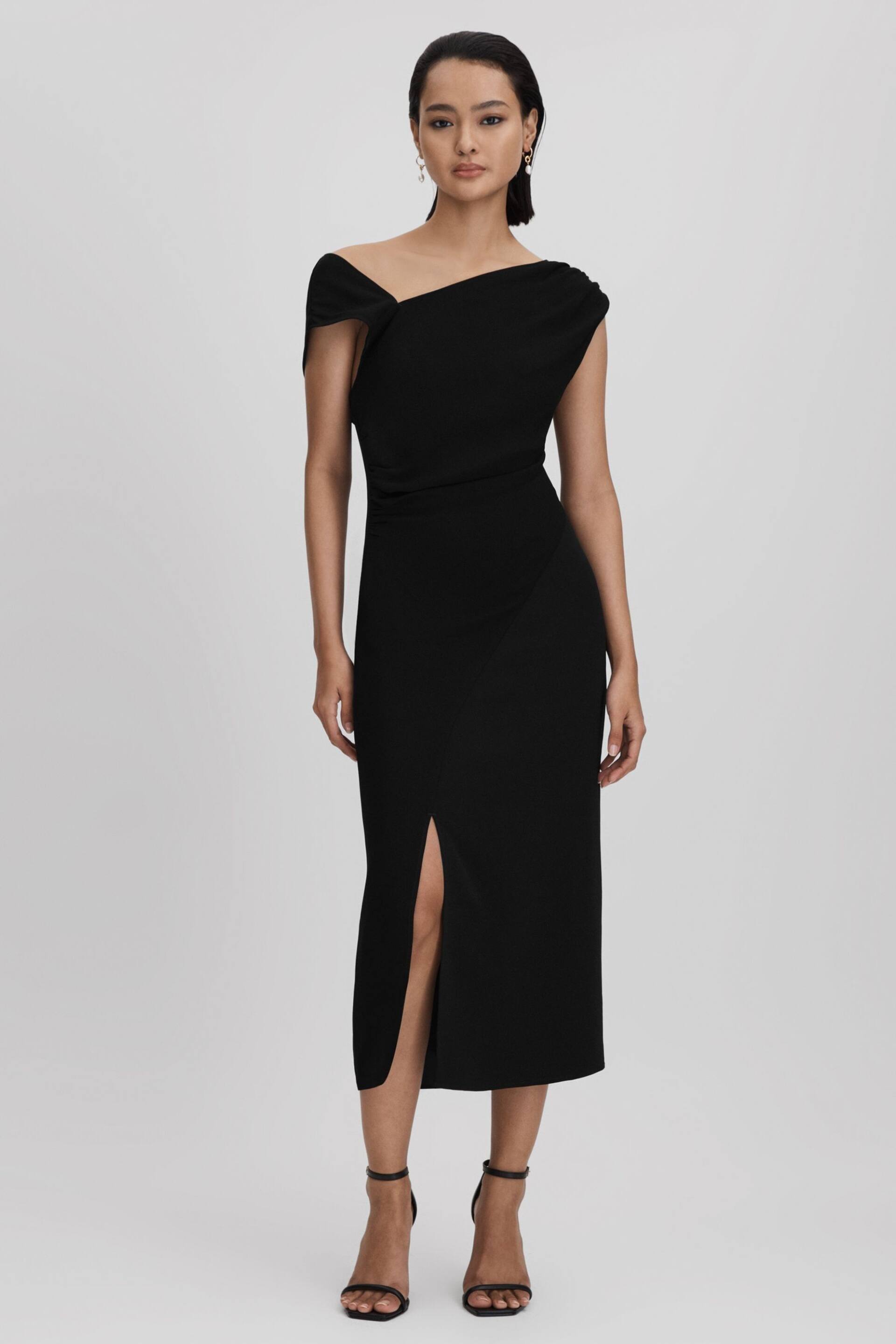 Reiss Black Miller Asymmetric Bodycon Midi Dress - Image 1 of 6