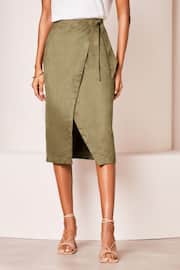 Lipsy Khaki Green Suedette Wrap Midi Skirt - Image 1 of 4